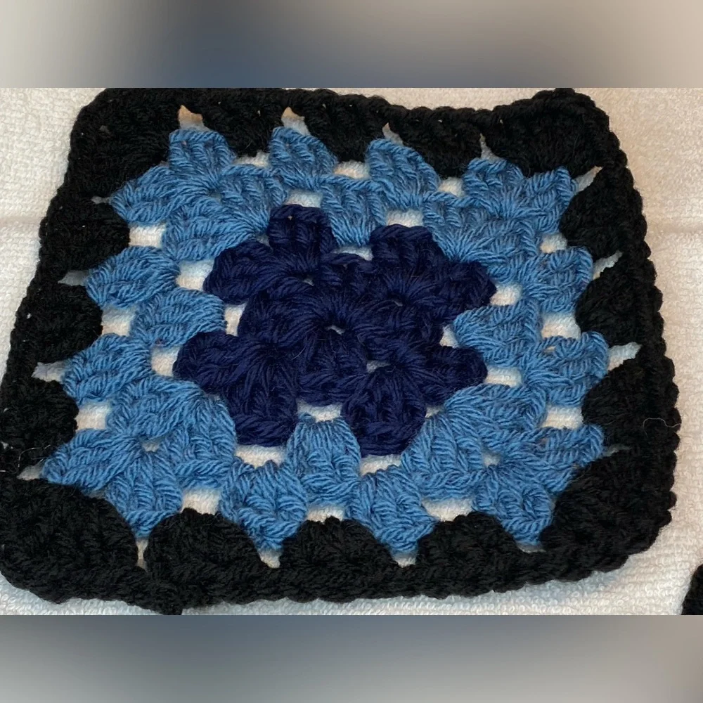 Handmade Blue and Black Crochet Kitchen Linens “GRANNY SQUARES”